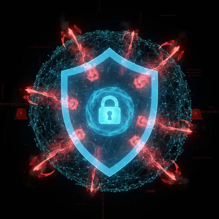 Cybersecurity shield protecting digital network from increasing threats