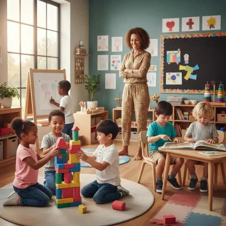 Happy diverse children learning in a modern early childhood classroom, illustrating new curriculum standards.
