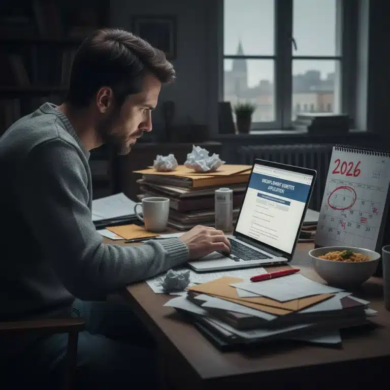 Person filing for 2026 unemployment benefits online