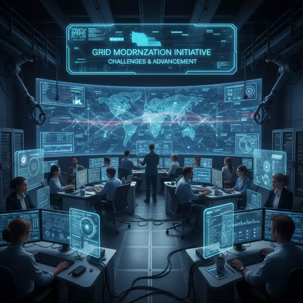 Engineers monitoring national energy grid data, ensuring stability.