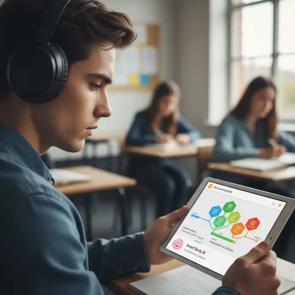 Student engaged in personalized adaptive learning with an AI tutor on a tablet.
