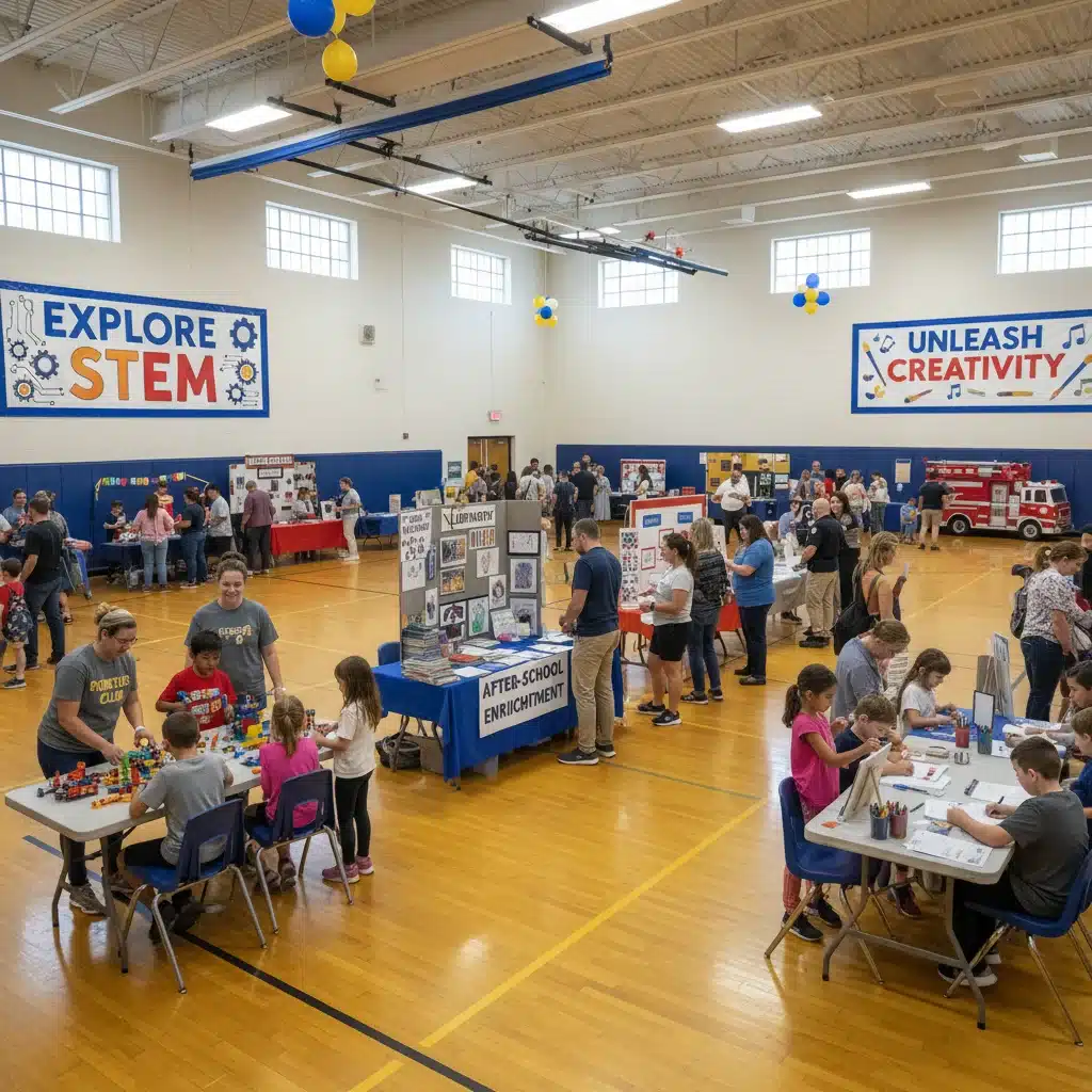 School gymnasium filled with families at a community resource fair