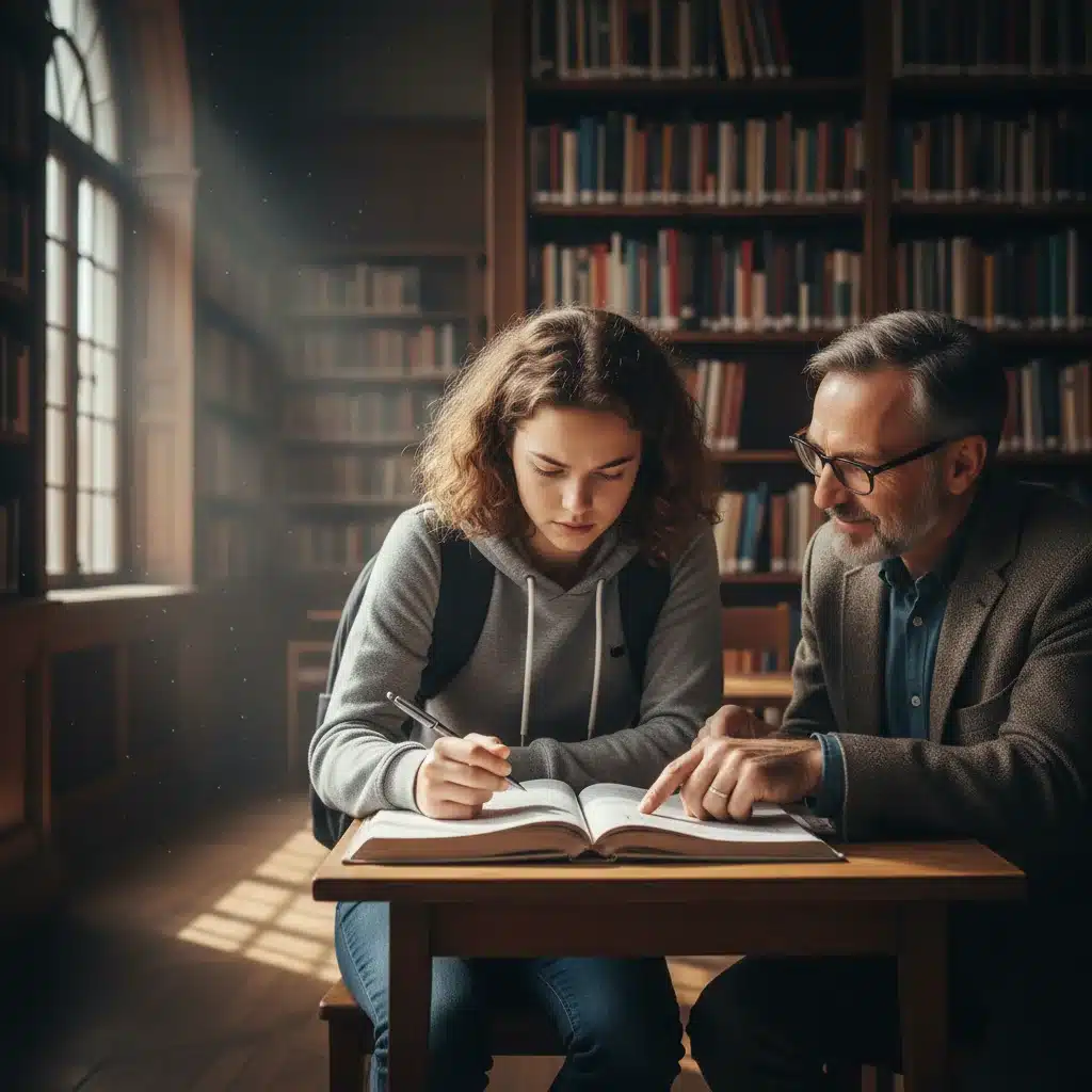 Student receiving personalized tutoring in a school library